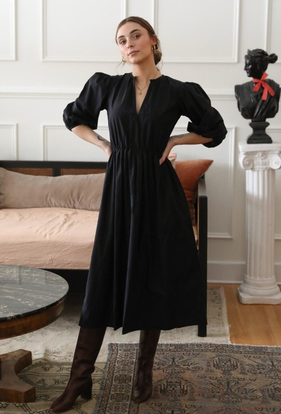 Mille Resort & Travel Tuckernuck Celeste Black Midi Elastic Waist Dress S